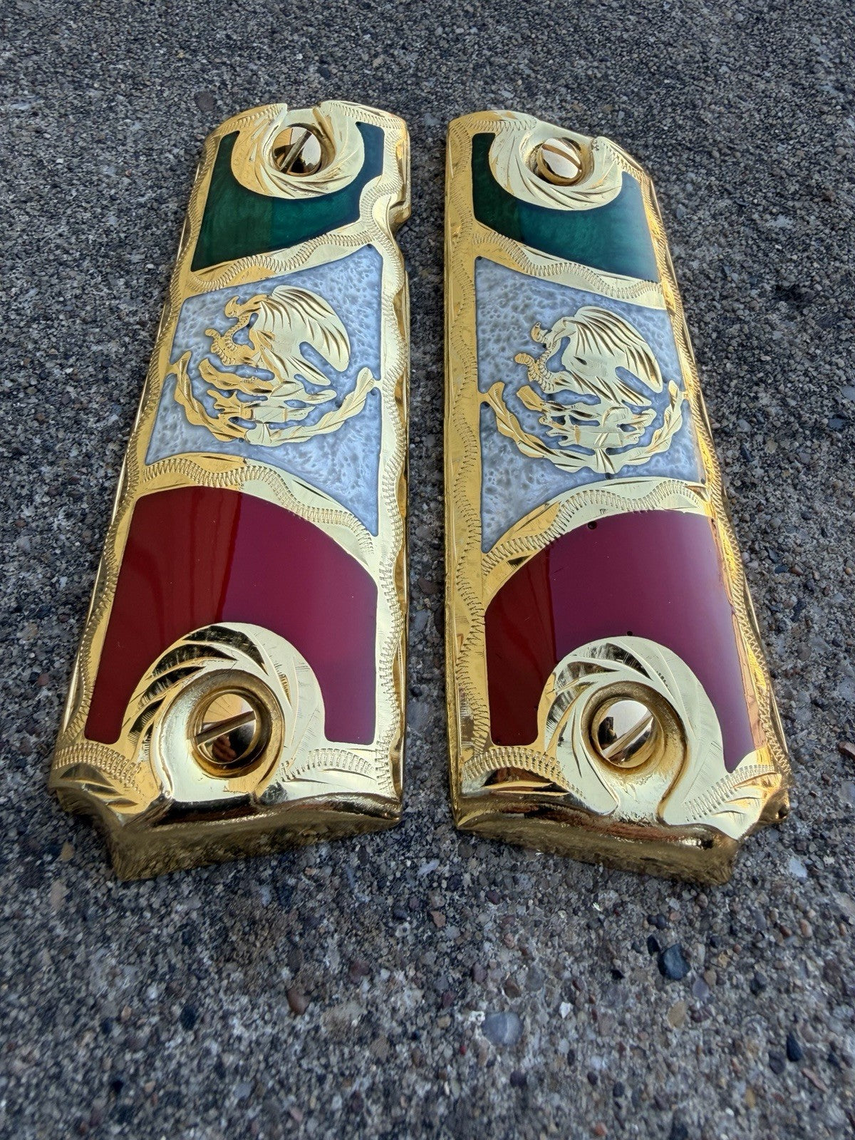 1911 45 38 Super Full Size Mexican Flag Gold Gun Pistol Grip Cachas & 24K Screws