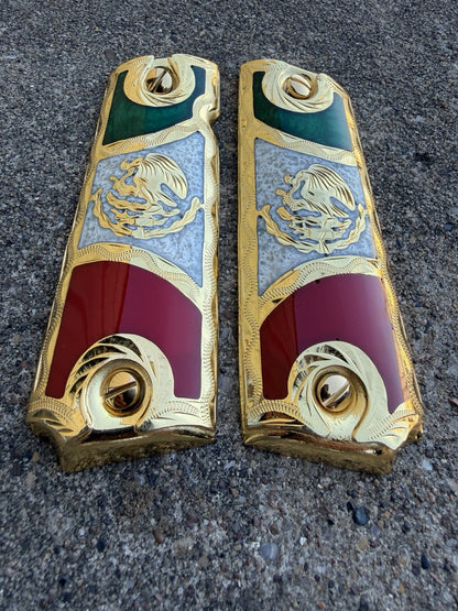 1911 45 38 Super Full Size Mexican Flag Gold Gun Pistol Grip Cachas & 24K Screws