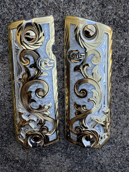 1911 45 38 Super Colt Horse Full Size Gold Gun Pistol Grip Cachas & 24K Screws