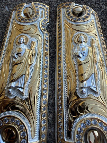 1911 ZIRCONIA 45 38 SUPER SAN JUDAS GOLD GUN PISTOL GRIP CACHAS & 24K SCREWS