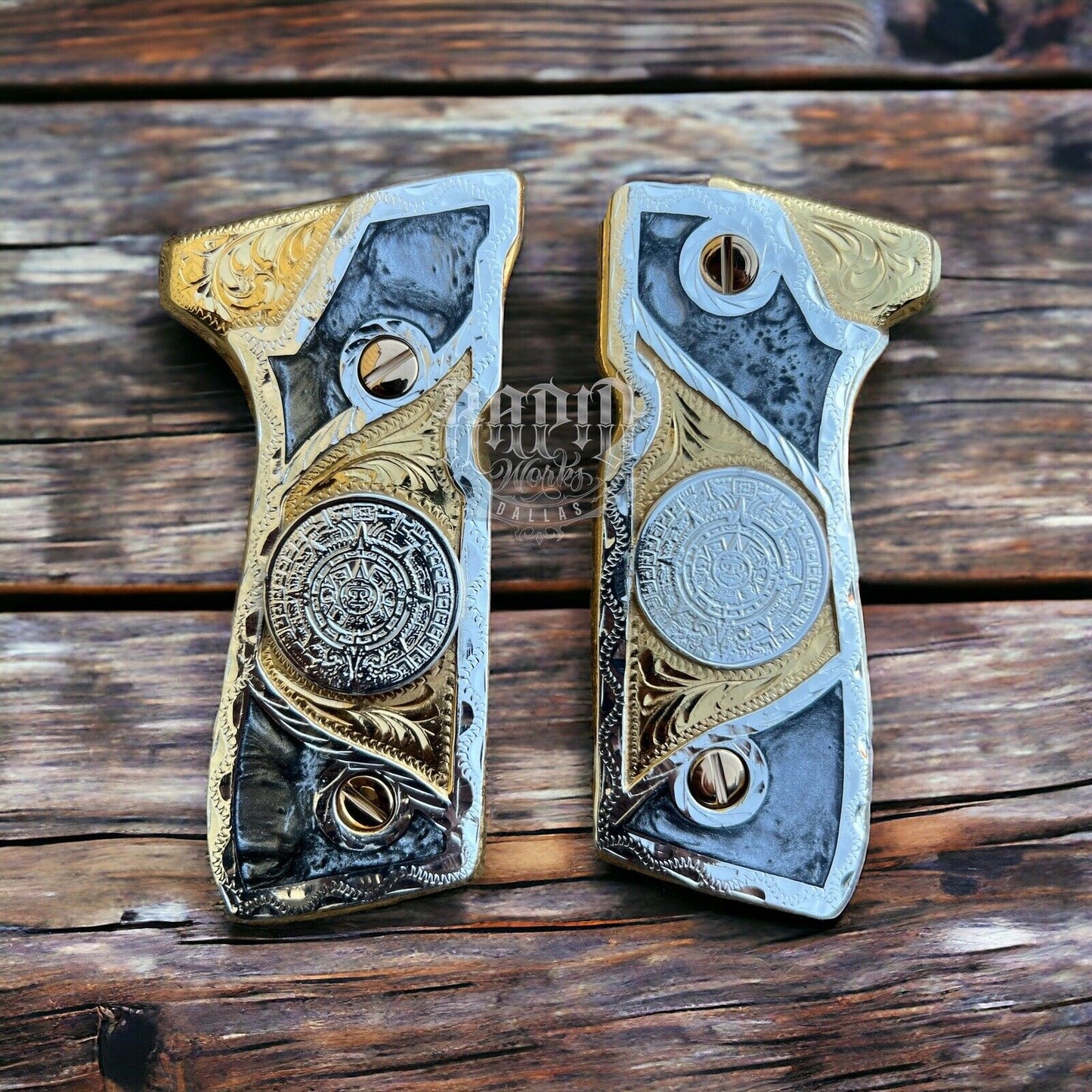 Beretta 92FS Cachas Azteca Gold Plated Pistol Custom Grips & Gold Screws