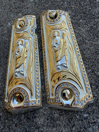 1911 ZIRCONIA 45 38 SUPER SAN JUDAS GOLD GUN PISTOL GRIP CACHAS & 24K SCREWS
