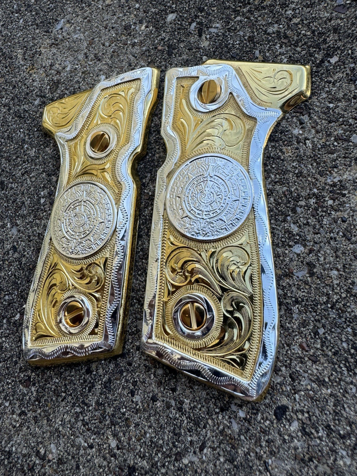 Beretta 92FS Cachas Azteca Gold Plated Pistol Custom Grips & Gold Screws