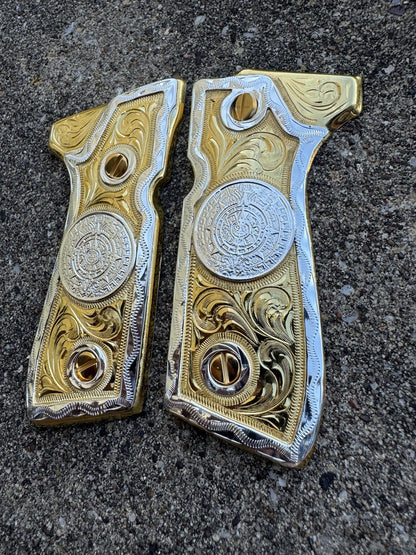 Beretta 92FS Cachas Azteca Gold Plated Pistol Custom Grips & Gold Screws