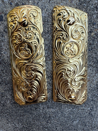 1911 45 38 Super Colt Horse Full Size Gold Gun Pistol Grip Cachas & 24K Screws