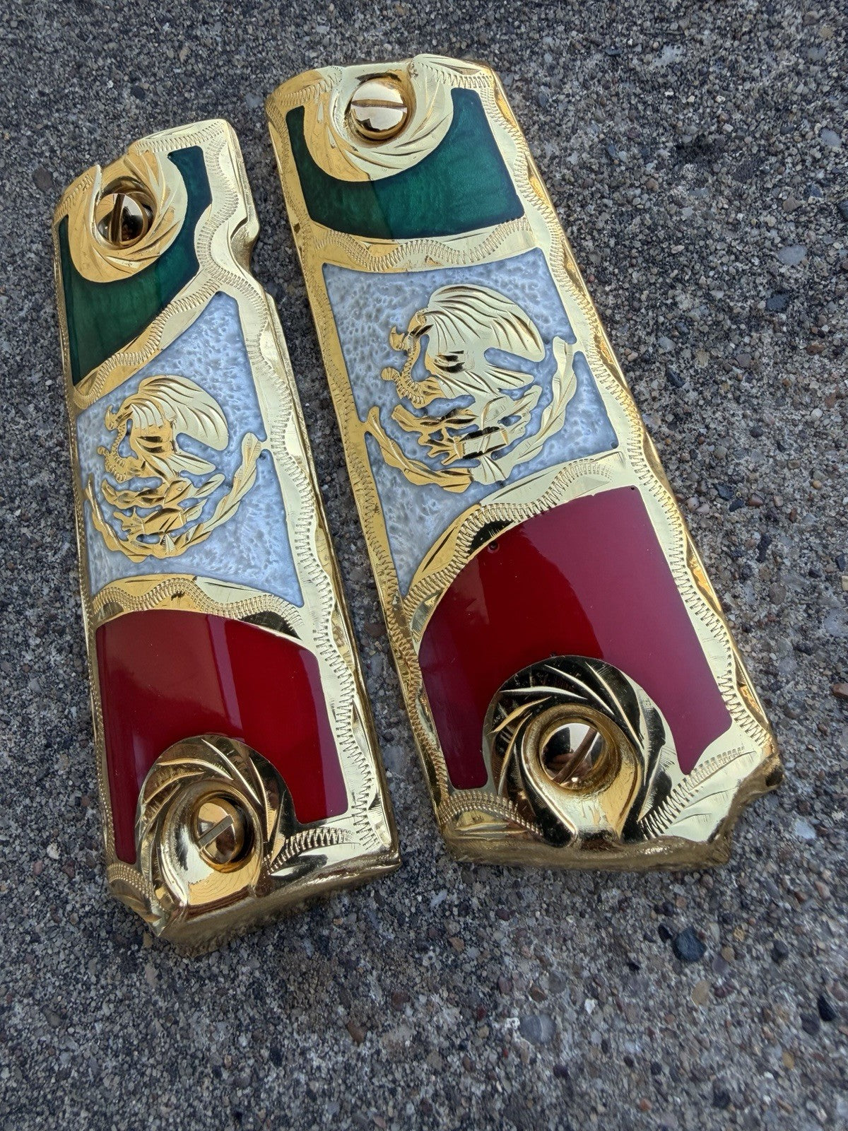 1911 45 38 Super Full Size Mexican Flag Gold Gun Pistol Grip Cachas & 24K Screws