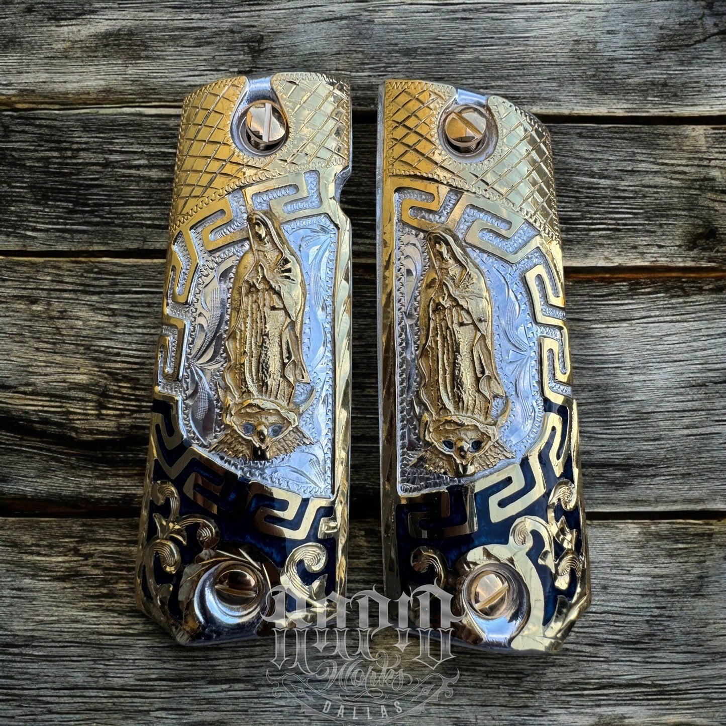 1911 45 38 Super Full Size Virgen De Guadalupe Gold Pistol Grip Cachas & Screws