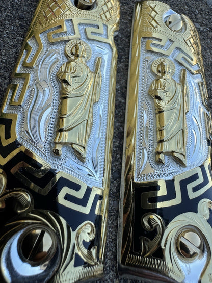 1911 45 38 Super San Judas Full Size Gold Gun Pistol Grip Cachas & 24K Screws