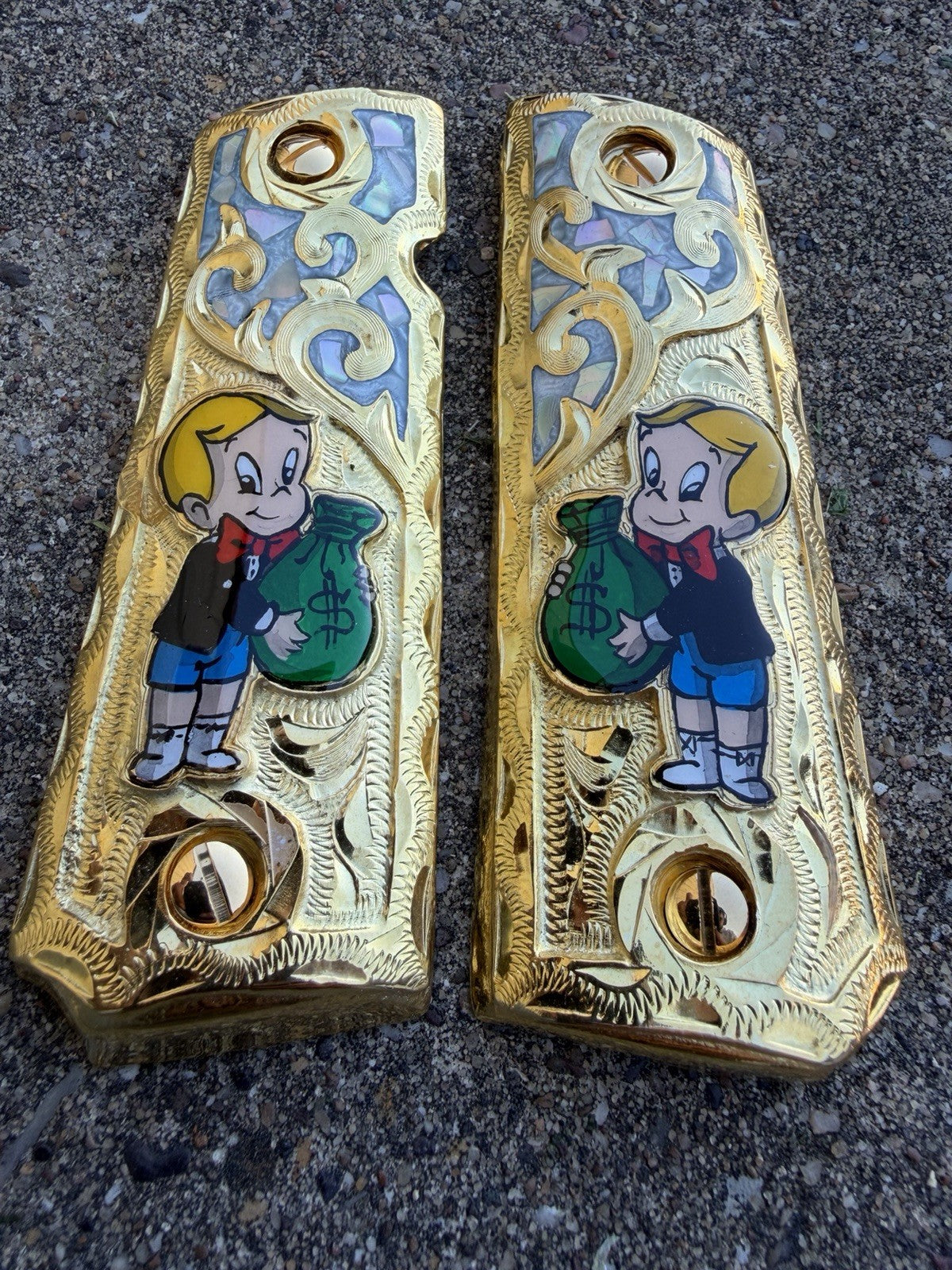1911 45 38 Super Full Size Richie Rich Gold Gun Pistol Grip Cachas & 24K Screws