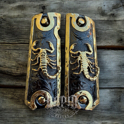1911 45 38 Super Full Size Scorpion Gold Gun Pistol Grip Cachas & 24K Screws