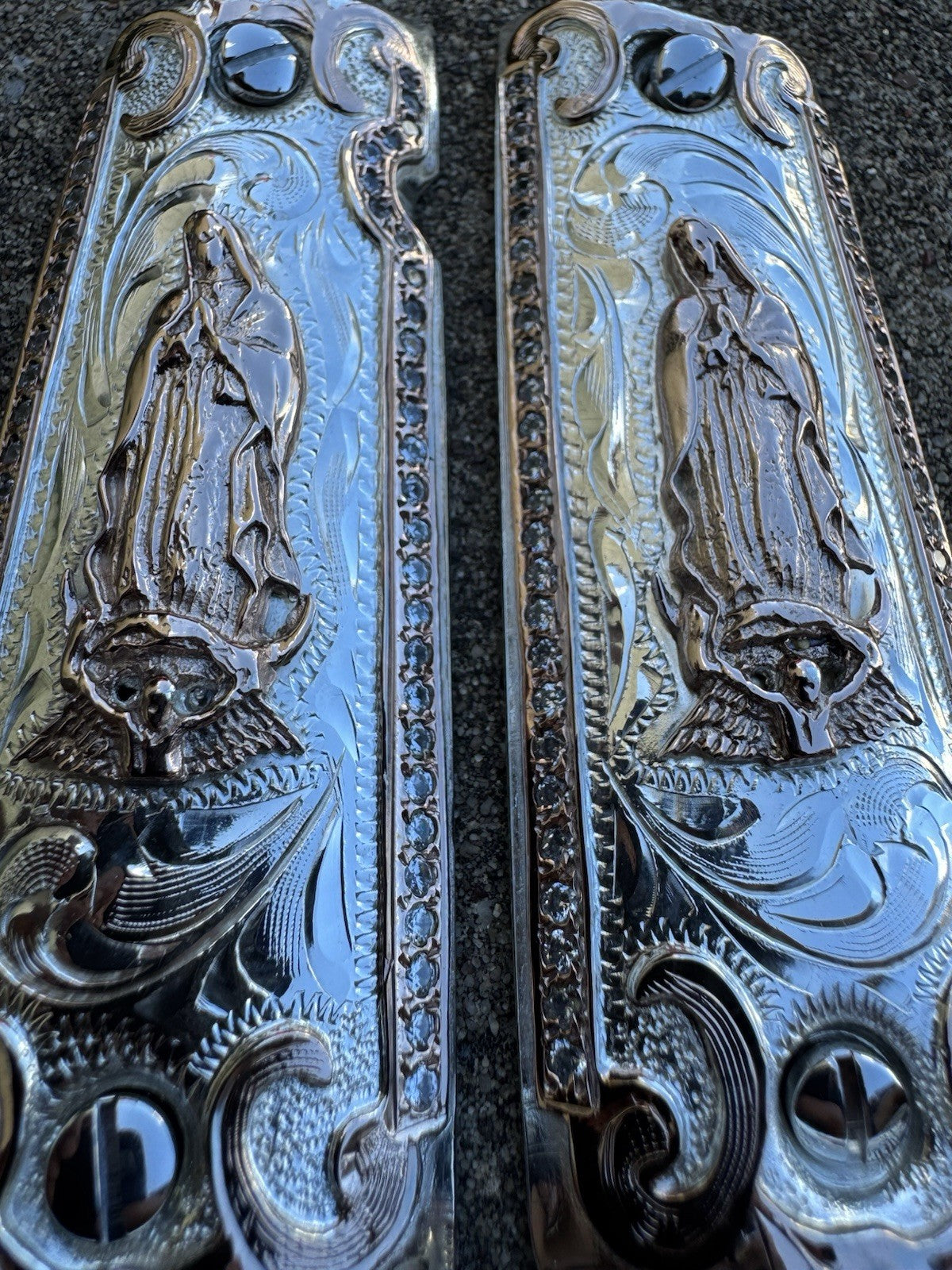 1911 ZIRCONIA 45 38 SUPER VIRGEN DE GUADALUPE ROSE GOLD GUN PISTOL GRIP CACHAS