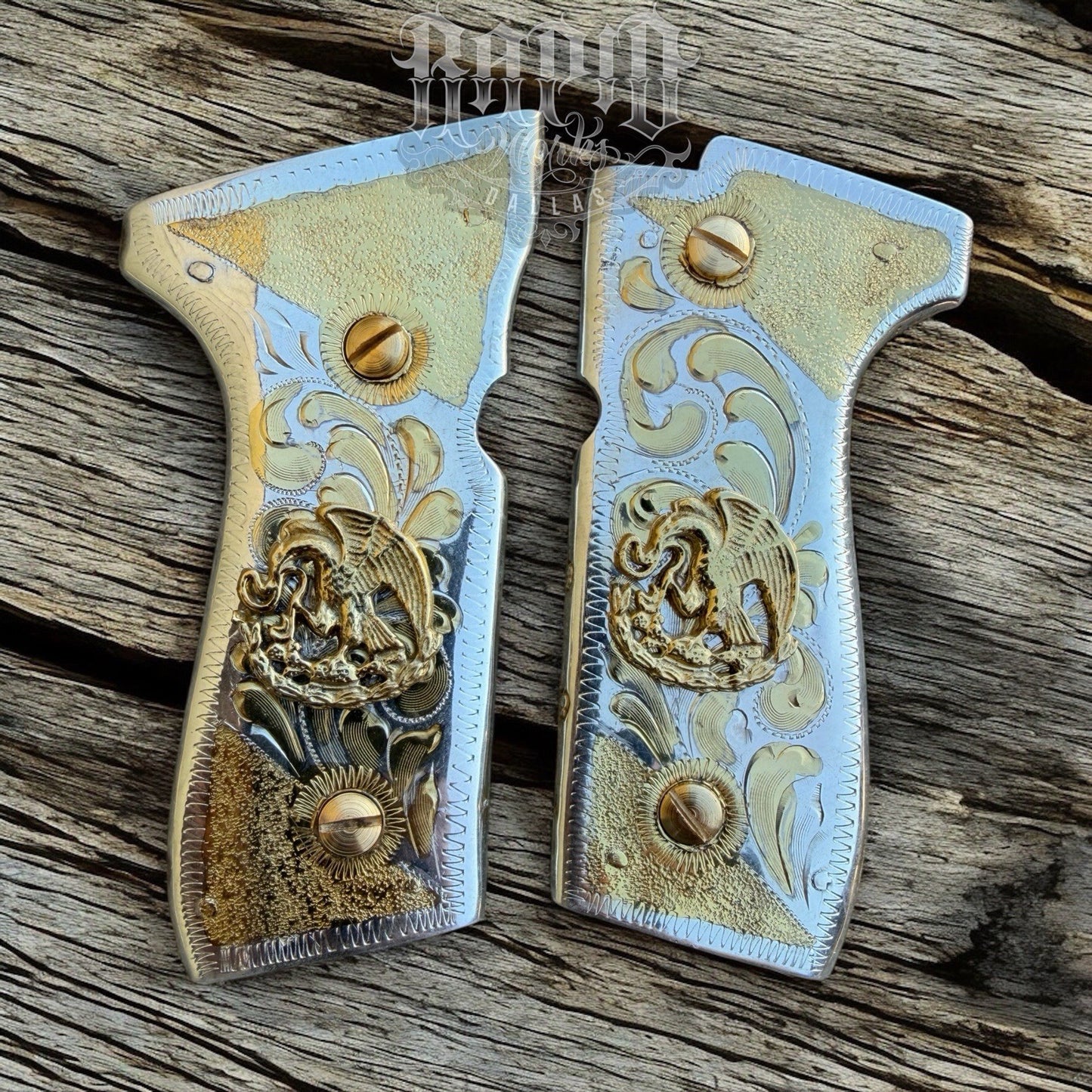 Beretta 92FS Cachas Mexican Eagle Gold Plated Pistol Custom Grips & Gold Screws