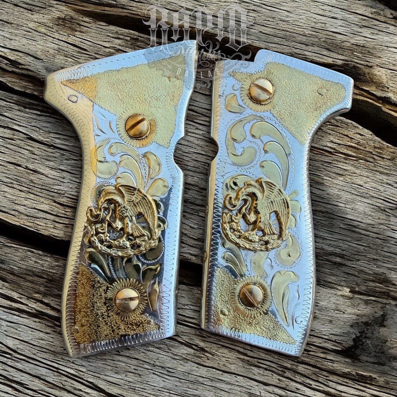 Beretta 92FS Cachas Mexican Eagle Gold Plated Pistol Custom Grips & Gold Screws