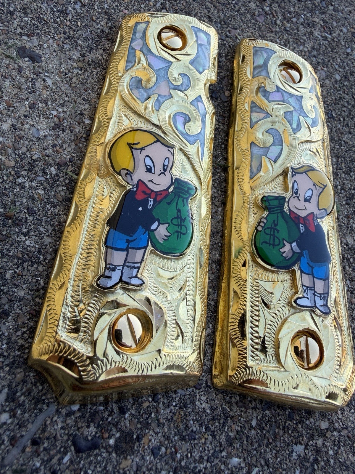 1911 45 38 Super Full Size Richie Rich Gold Gun Pistol Grip Cachas & 24K Screws