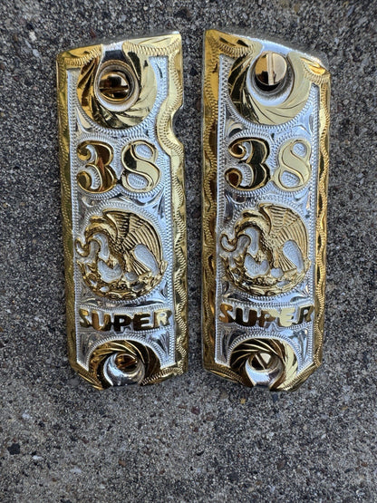 1911 45 38 Super Full Size Aguila Gold Gun Pistol Grip Cachas & 24K Screws