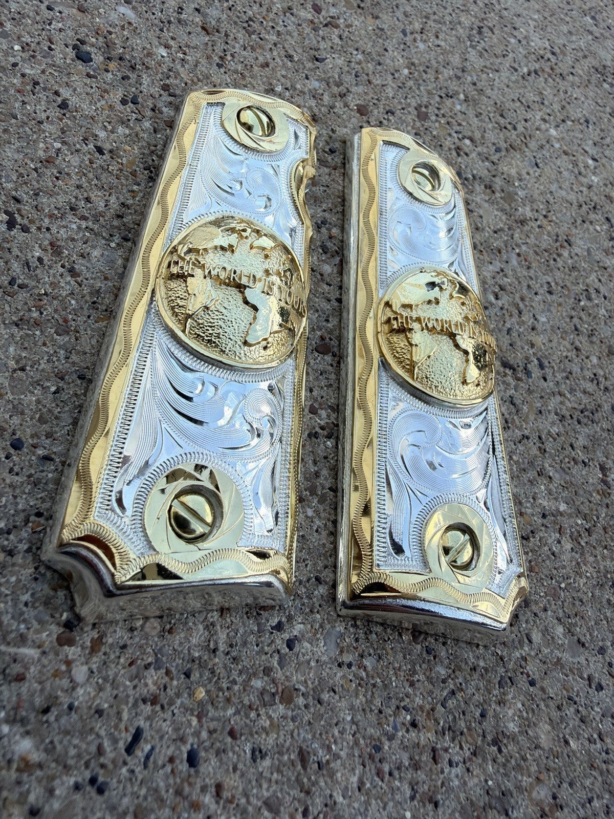 1911 45 38 Super Full Size World Is Yours Gold Gun Pistol Grip Cachas & 24KScrew