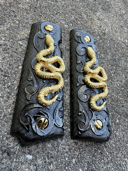 1911 45 38 Super Full Size Snake Gold Gun Pistol Grip Cachas & 24K Screws
