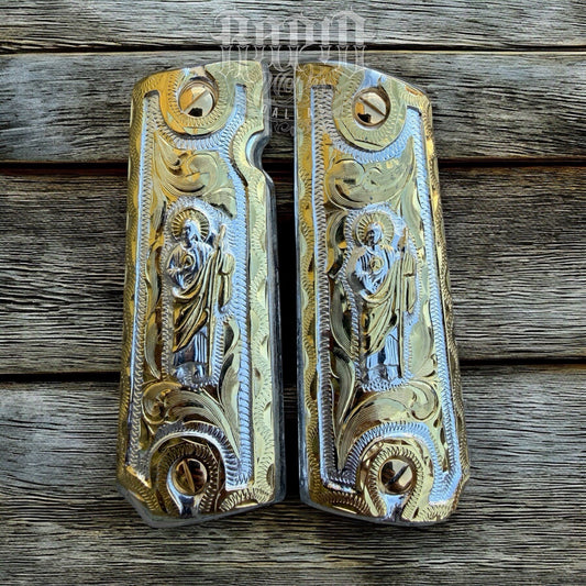 1911 45 38 Super Full Size San Judas Gold Gun Pistol Grip Cachas & 24K Screws