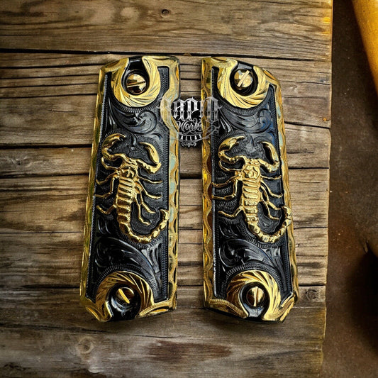 1911 45 38 Super Scorpion Gold Gun Pistol Grip Cachas Chapeado De Oro 24K Screws