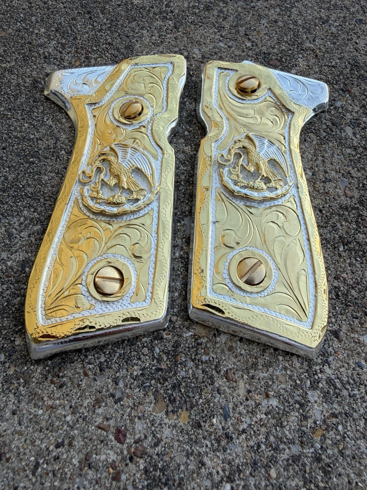 Beretta 92FS Cachas Mexican Eagle Gold Plated Pistol Custom Grips & Gold Screws
