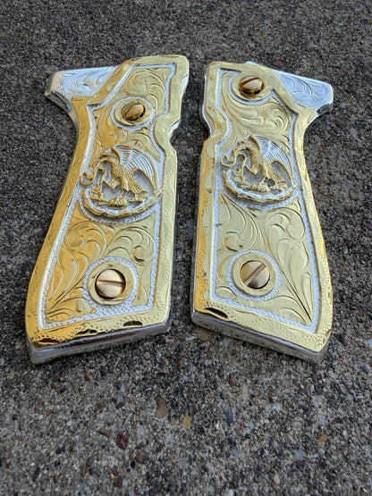 Beretta 92FS Cachas Mexican Eagle Gold Plated Pistol Custom Grips & Gold Screws