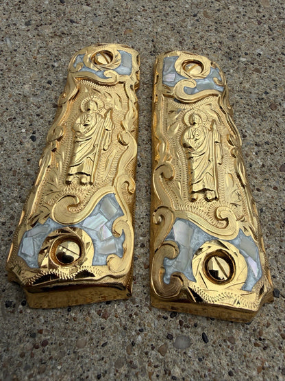 1911 45 38 Super Full Size San Judas Gold Gun Pistol Grip Cachas & 24K Screws