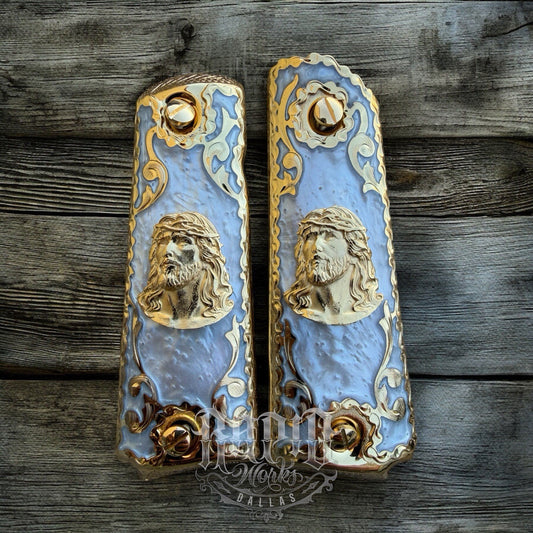 1911 45 38 Super Full Size Jesus Gold Gun Pistol Grip Cachas & 24K Screws
