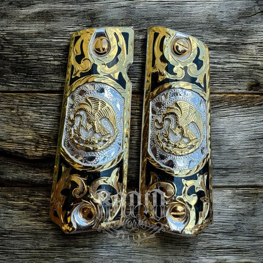 1911 45 38 Super Mexican Eagle Full Size Gold Gun Pistol Grip Cachas & 24K Screw