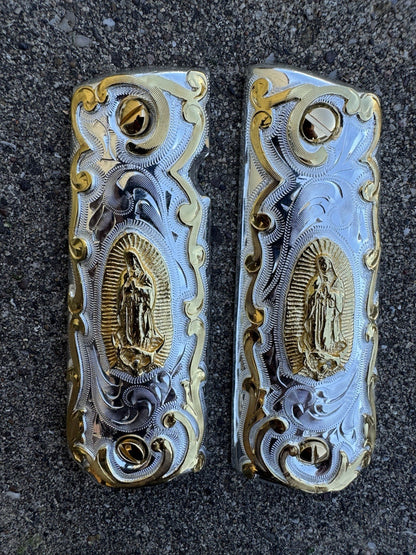 1911 45 38 Super Full Size Virgen De Guadalupe Gold Pistol Grip Cachas & Screws