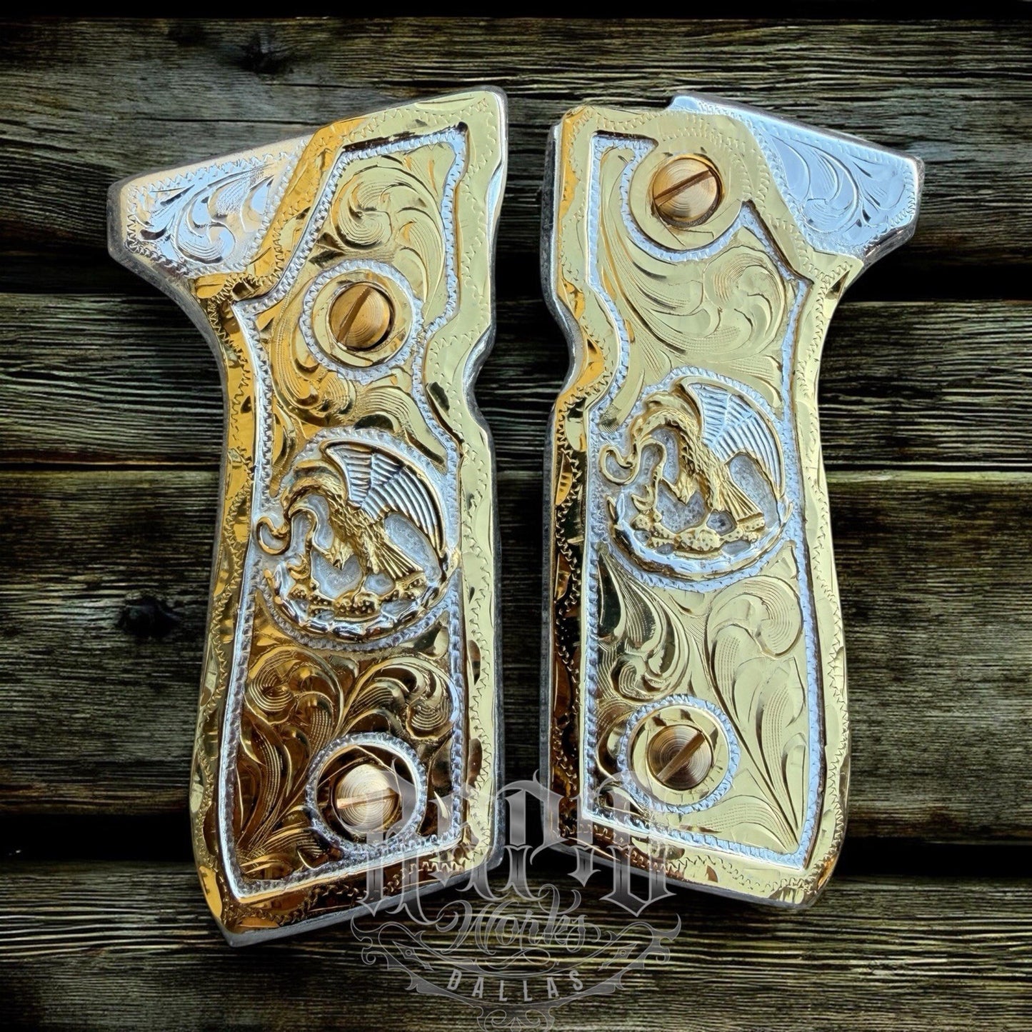Beretta 92FS Cachas Mexican Eagle Gold Plated Pistol Custom Grips & Gold Screws