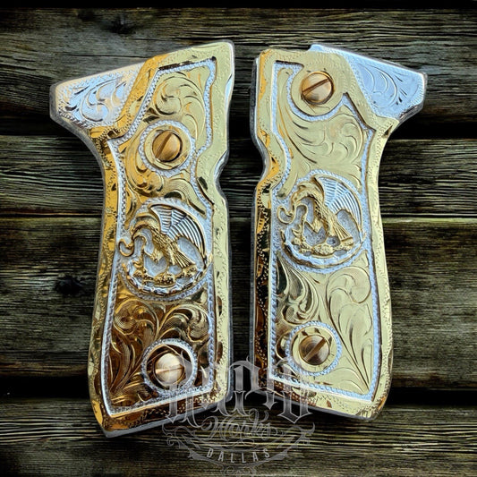 Beretta 92FS Cachas Mexican Eagle Gold Plated Pistol Custom Grips & Gold Screws