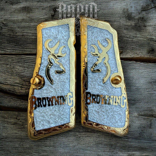 Browning Hi-Power 9mm Gold Gun Pistol Grip Cachas & 2 24K Screws