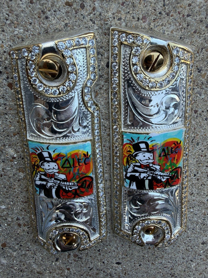 1911 ZIRCONIA 45 38 SUPER MONOPOLY GOLD GUN PISTOL GRIP CACHAS & 24K  SCREWS