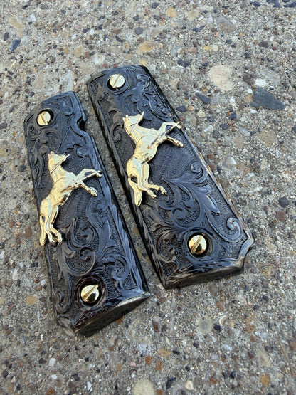1911 45 38 Super Full Size Horse Gold Gun Pistol Grip Cachas & 24K Screws