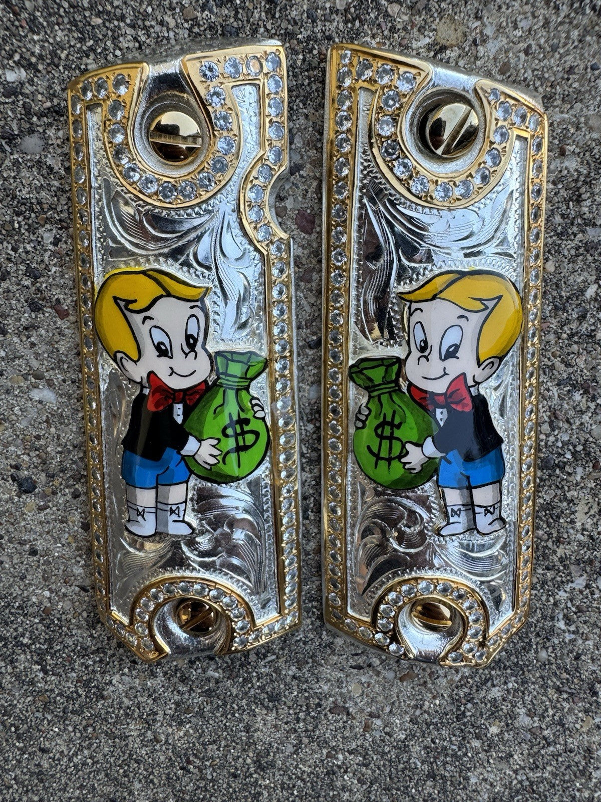1911 ZIRCONIA 45 38 SUPER RICHIE RICH GOLD GUN PISTOL GRIP CACHAS