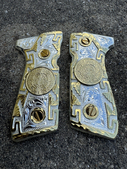 Beretta 92FS Cachas Aztec Gold Plated Pistol Custom Grips & Gold Screws