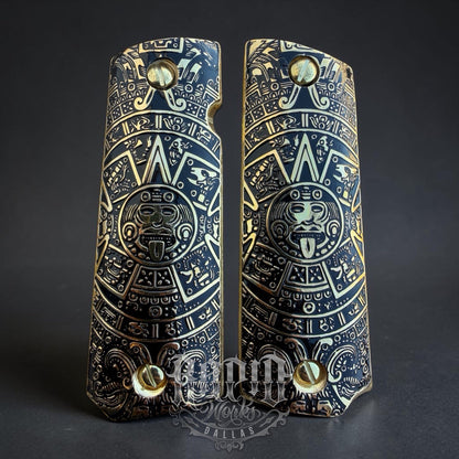 1911 45 38 Super Full Size Aztec Gold Gun Pistol Grip Cachas & 24K Screws