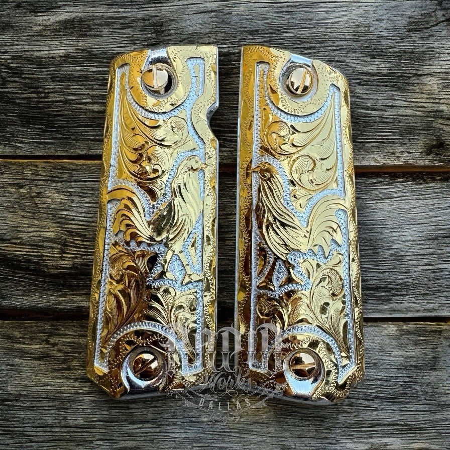 1911 45 38 Super Full Size Gallo Gold Gun Pistol Grip Cachas Chapeado &24K Screw