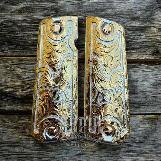 1911 45 38 Super Full Size Gallo Gold Gun Pistol Grip Cachas Chapeado &24K Screw