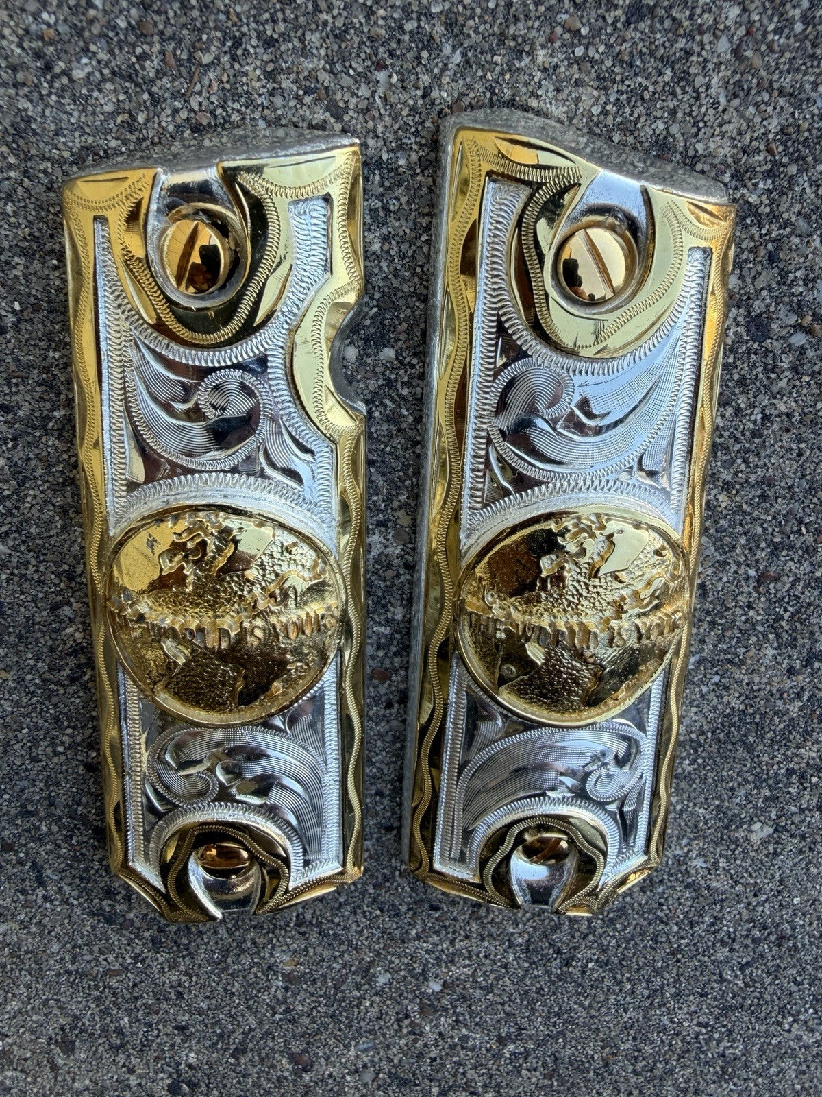 1911 45 38 Super Full Size World Is Yours Gold Gun Pistol Grip Cachas & 24KScrew