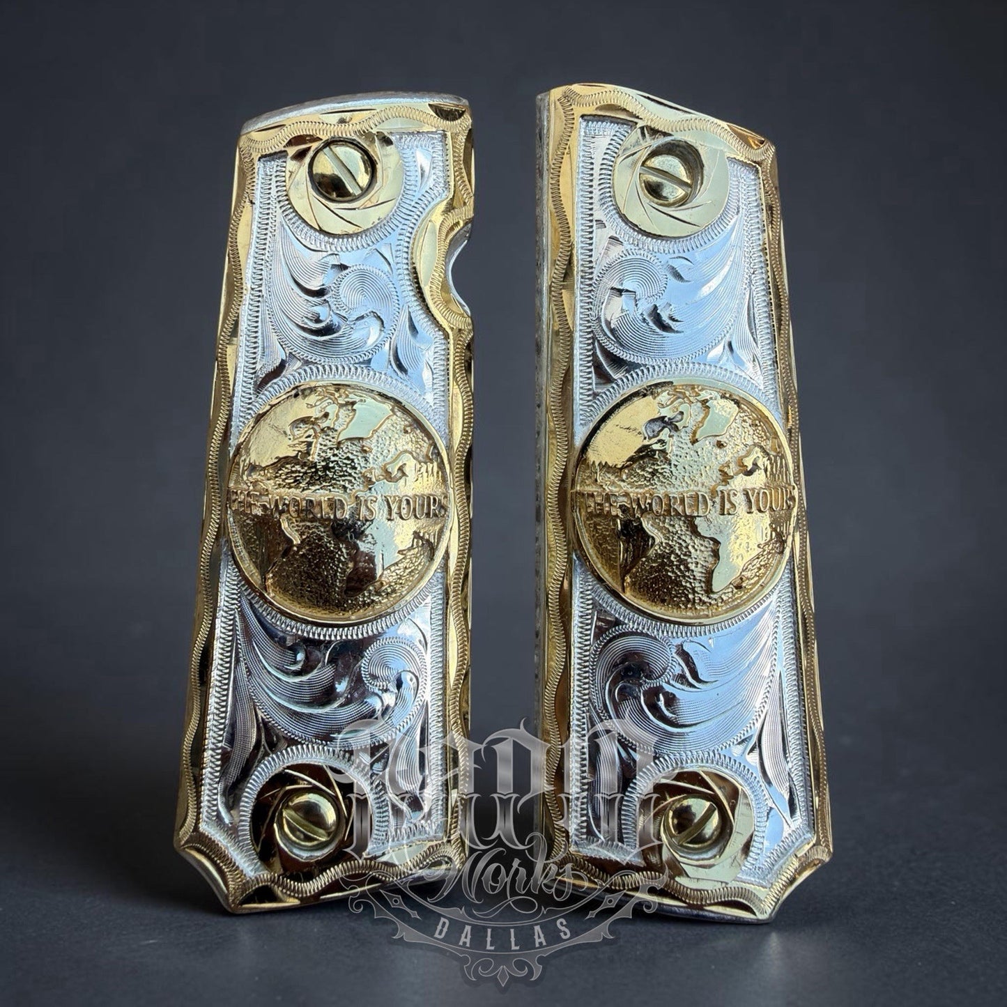 1911 45 38 Super Full Size World Is Yours Gold Gun Pistol Grip Cachas & 24KScrew