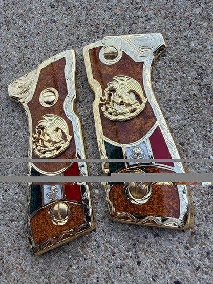 Beretta 92FS Cachas Mexican Eagle Gold Plated Pistol Custom Grips & Gold Screws