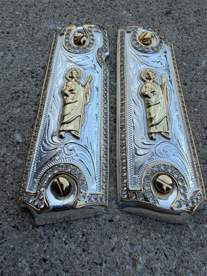 1911 ZIRCONIA 45 38 SUPER SAN JUDAS GOLD GUN PISTOL GRIP CACHAS & 24K SCREWS