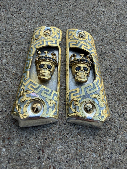 1911 45 38 Super Full Size Skull Crown Gold Gun Pistol Grip Cachas & 24K Screws