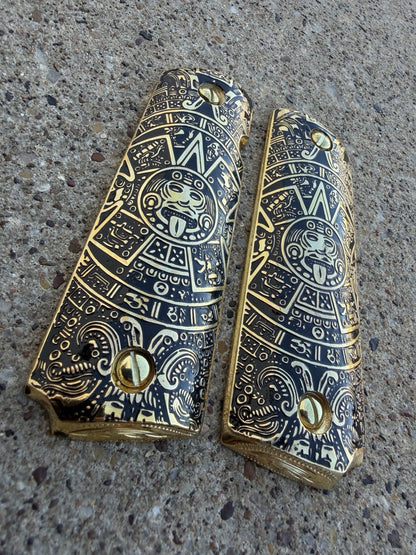 1911 45 38 Super Full Size Aztec Gold Gun Pistol Grip Cachas & 24K Screws