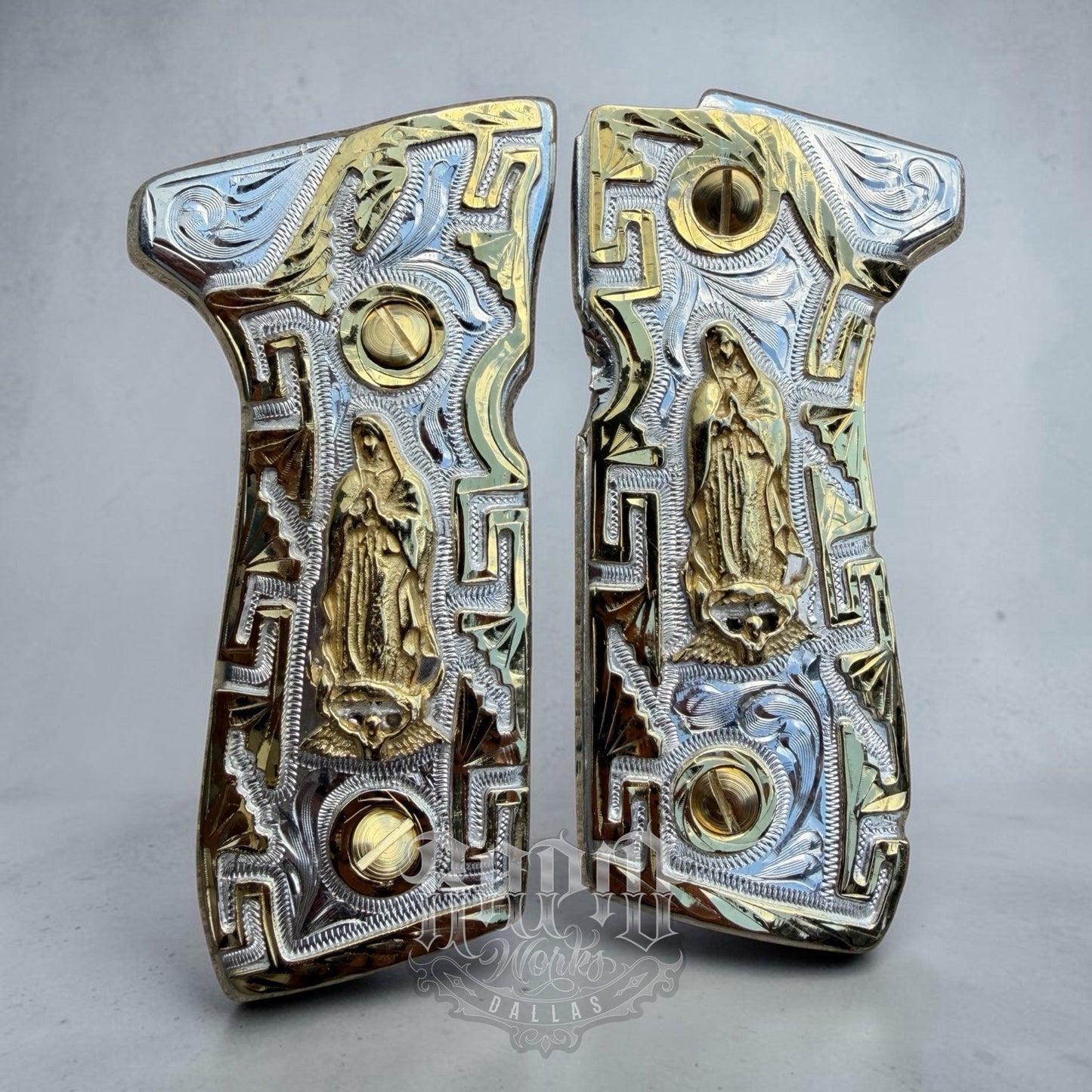 Beretta 92FS Cachas Virgen De Guadalupe Gold Plated Pistol Grips & Gold Screws