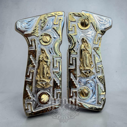 Beretta 92FS Cachas Virgen De Guadalupe Gold Plated Pistol Grips & Gold Screws
