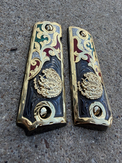 1911 45 38 Super Full Size Azteca Gold Gun Pistol Grip Cachas & 24K Screws