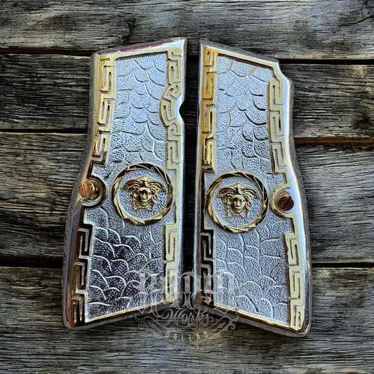 Browning Hi-Power 9mm Versace Gold Gun Pistol Grip Cachas & 2 24K Screws