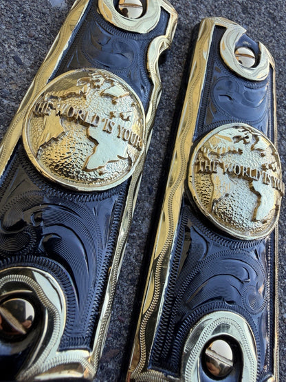 1911 45 38 Super Full Size World Is Yours Gold Gun Pistol Grip Cachas & 24KScrew